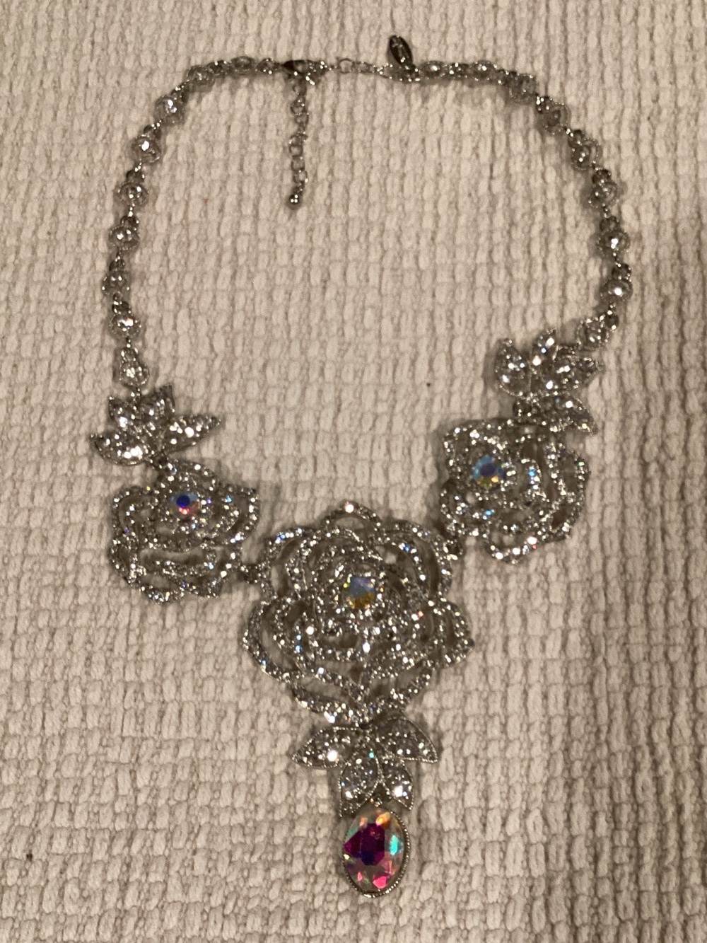 Natasha Couture Silver Crystal Rose Necklace with Iridescent Teardrop